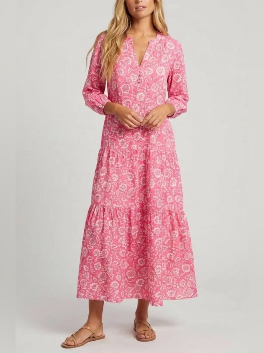 J. McLaughlin Pink Floral Linen Cotton Tiered Maxi Dress Small